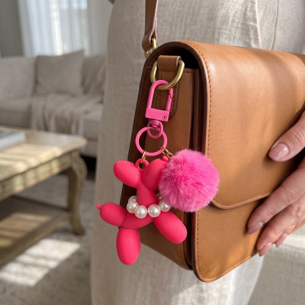 Mint Pink Balloon Dog Keychain Bag Charm Pom Pom Pearl Collar NEW